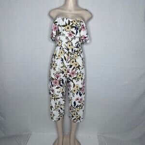 Heart & Hips Floral Off Shoulder Smocked Jumpsuit Cropped Size M